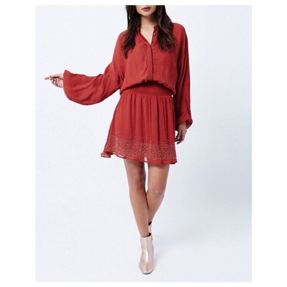 Chloe Oliver Beaded Rust Dress XS Oversized Dolman Sleeve
